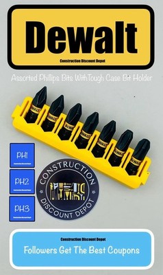 7 Pack DEWALT Flextorq 1'' Bit Phillips #1 #2 #3  W/ Tough Case Bit Holder