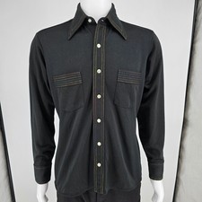 Vintage 1970s Arrow Carlton Crepe Black Rainbow Stitch Polyester Disco Shirt M 