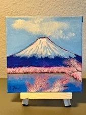 Mini landscape acrylic ink pencil "Mt. Fugi" on 4x4 canvas 1/1 Limited Signed