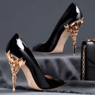 Women's Black Patent High Heels with Gold Leaf Stiletto – Luxury