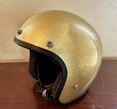 Vintage 1970's Open Face Motorcycle Helmet XL Gold Sparkle Metal