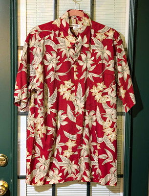 Pierre Cardin Men's M Red/White/Beige Hawaiian Floral Rayon Woven Pocket Shirt