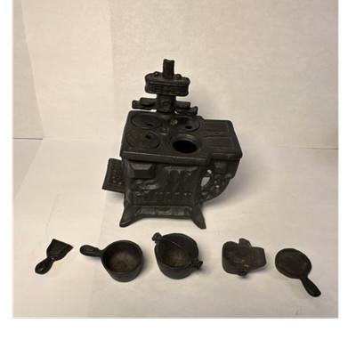 Cast Iron Miniature Stove with Pots, Utensils, and Accessories