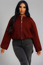 Ladies Cropped Bomber Jacket Varsity Style Zip Up Long Sleeve Soft Winter Coat