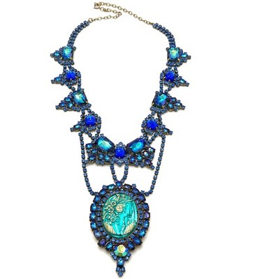 Vintage Bijoux MG Czech Blue Cameo Rhinestone Large Necklace