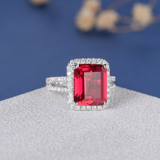 Antique Ruby Emerald Cut Bridal Sterling Silver Synthetic Casual Ring