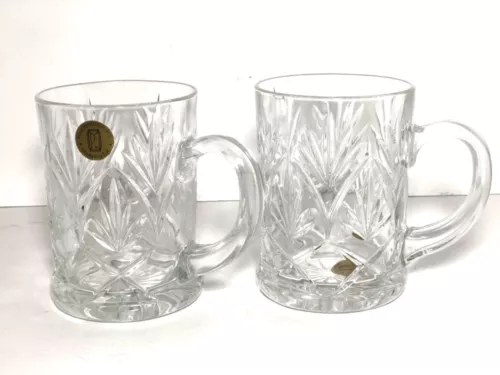 2 Paul Sebastian Inc Lead Crystal Diamond Cut Glass Mugs w/ Handle 11 oz France