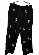 Rosanna Women’s Pants 100% Linen Black Colorful Summer Beach Fun Embroidery 18W