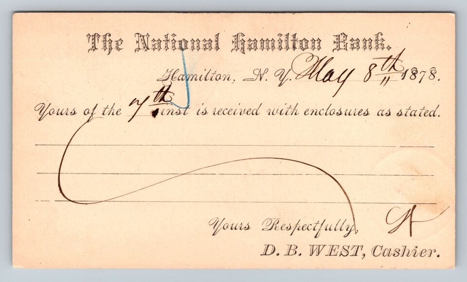 1875 UX5 Liberty 1c Postal Card National Hamilton Bank To UTICA NY