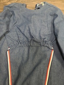 Girls blue denim dress size 8 exc worn once ribbons on side
