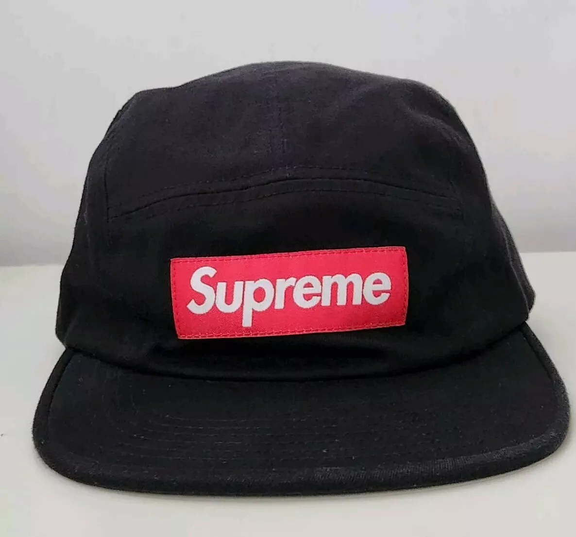 FW17 Supreme Délavé Chino Sergé Camping Cap Noir Chapeau Cuir Ruban Boite Rouge
