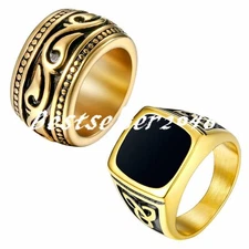 2PCS Mens Biker Retro Celtic Knot Signet Ring Stainless Steel Band Set Size 7-13