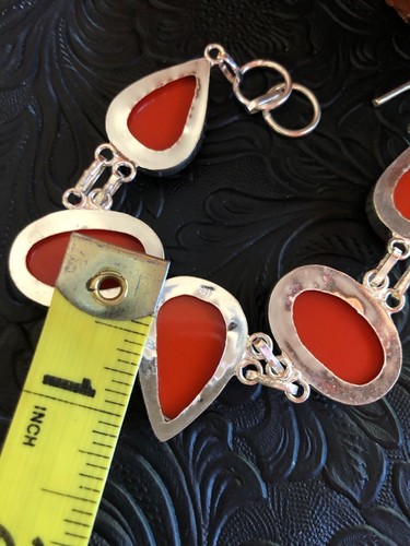 Red Simulated Coral Pendant Link Bracelet Fits Wrist 6-7" Artisan Southwest - Picture 2 of 3