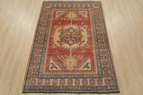 Kazak Rug 4′ x 5’7” Red Wool Tribal Hand-Knotted Oriental Carpet - Picture 3 of 11