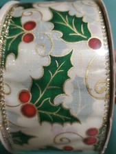 Kirkland Wire Edged Christmas holly ribbon 50 yards x 2.5 inches