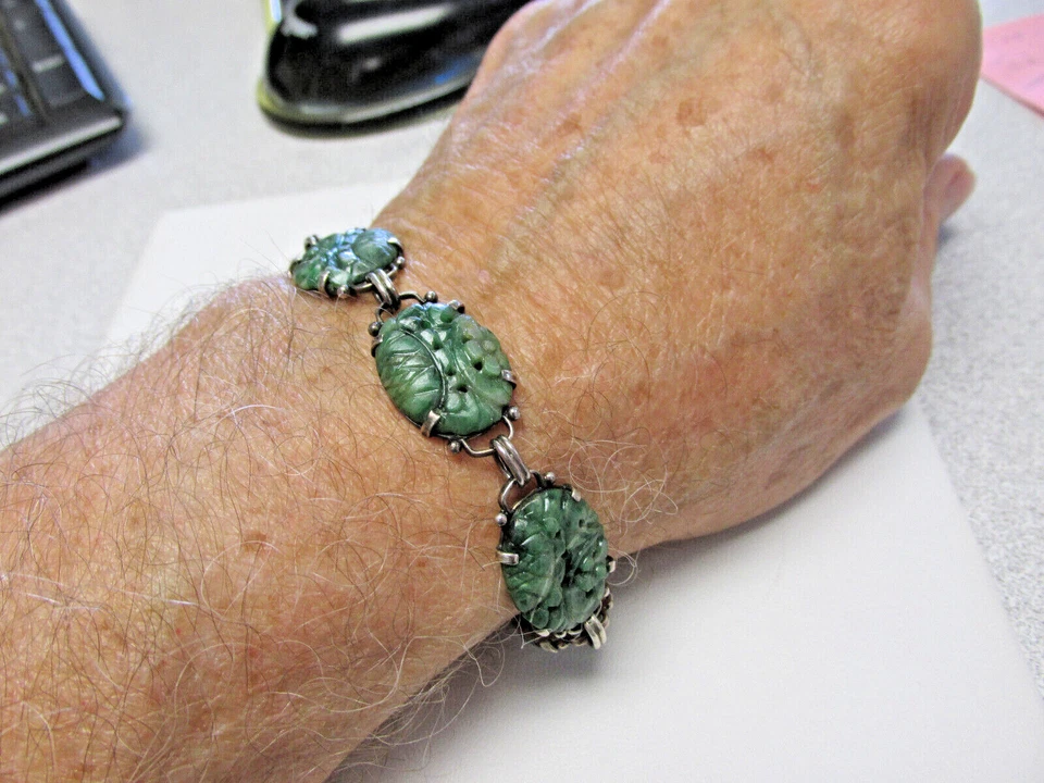 НАСТОЯЩИЙ старинный зеленый жадеит нефрит браслет 7,5 дюйма в серебро необходимо увидеть сделать предложение - Изображение 2 из 4