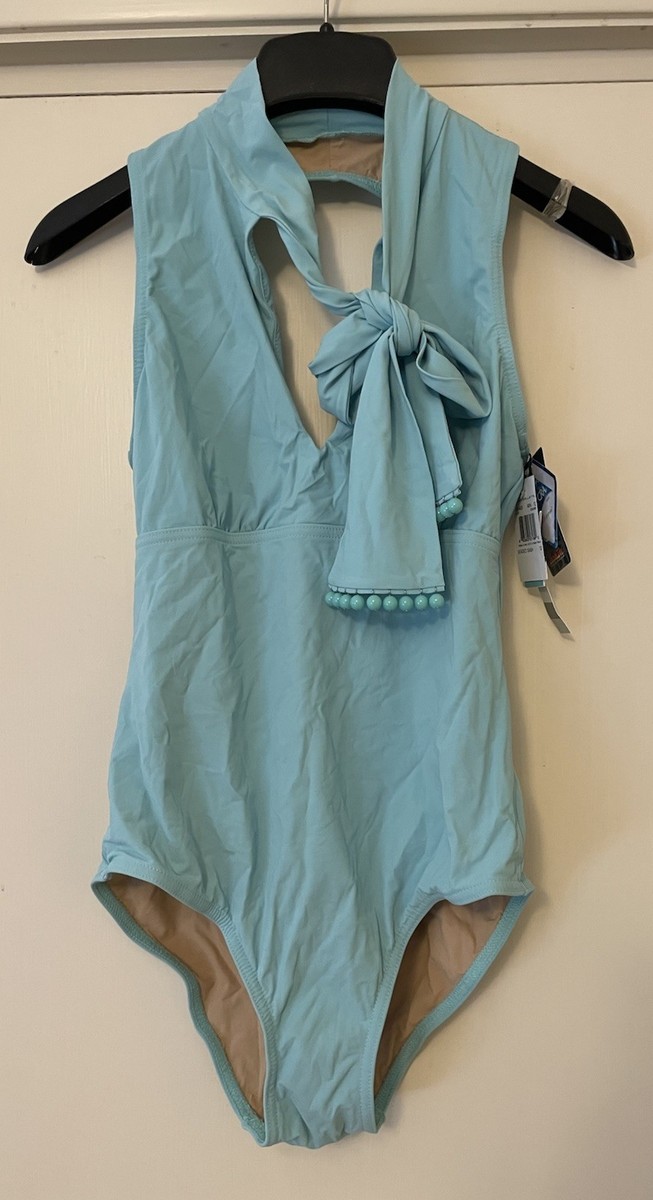 Karla Colletto Swimsuit 12 Beaded Bow Plunge Turquoise Blue