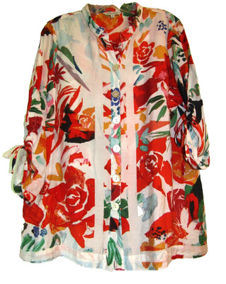JOHN MARK SIZE SMALL COLORFUL FLORAL GARDEN PARTY ART TO WEAR TUNIC BLOUSE TOP