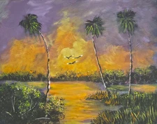 Florida Highwaymen Style Outsider Art Painting Purple Sky Sunset by Rochelle
