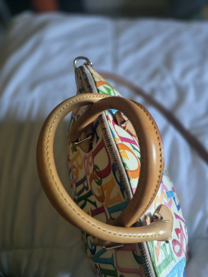 Bolso Cartera Dooney Bourke Arco Iris Logo Monograma Retro GRÁFICO Graffiti Cuero Foto 3 de 4