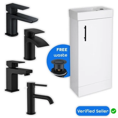 BUBLY BATHROOMS Gloss White 400 mm Vanity Basin Sink Unit, Matt Black Tap & Black Handle