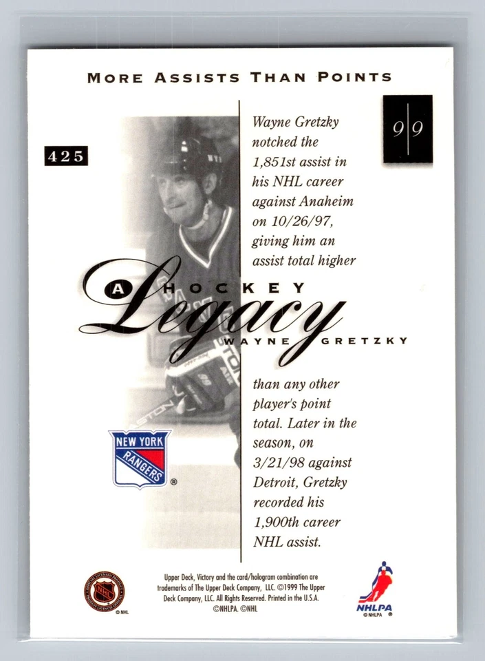 1999 Upper Deck Victory #425 Wayne Gretzky NHL HLWG New York Rangers - Image 2 of 2