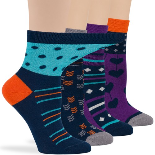 Women Cotton Diabetic Quarter Socks-4 Pack Medium-Heart Polka Dot-Blue Purple - Picture 20 of 21
