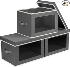 Dark Grey 3Pack Fabric Storage Bins with Lids and Window Organizers with Handles