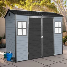 8x4ft Outdoor Resin Garden Shed with Floor & Windows for Garden Tools Gray Black