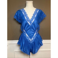 Vintage 80s/90s Dara-Jane Blue Satin Lace Teddy Bodysuit Romper L USA