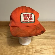 Vintage Red Man Chewing Tobacco Orange Snapback Trucker Hat USA Diatressed
