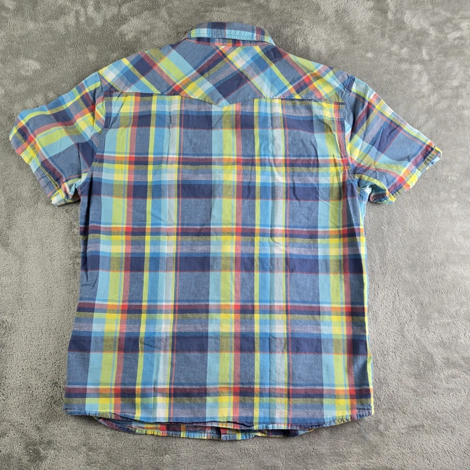 Camisa Ditch Plains Para Hombres XL Azul Amarillo Cuadros Perla A Presión Manga Corta Colorida Foto 3 de 4