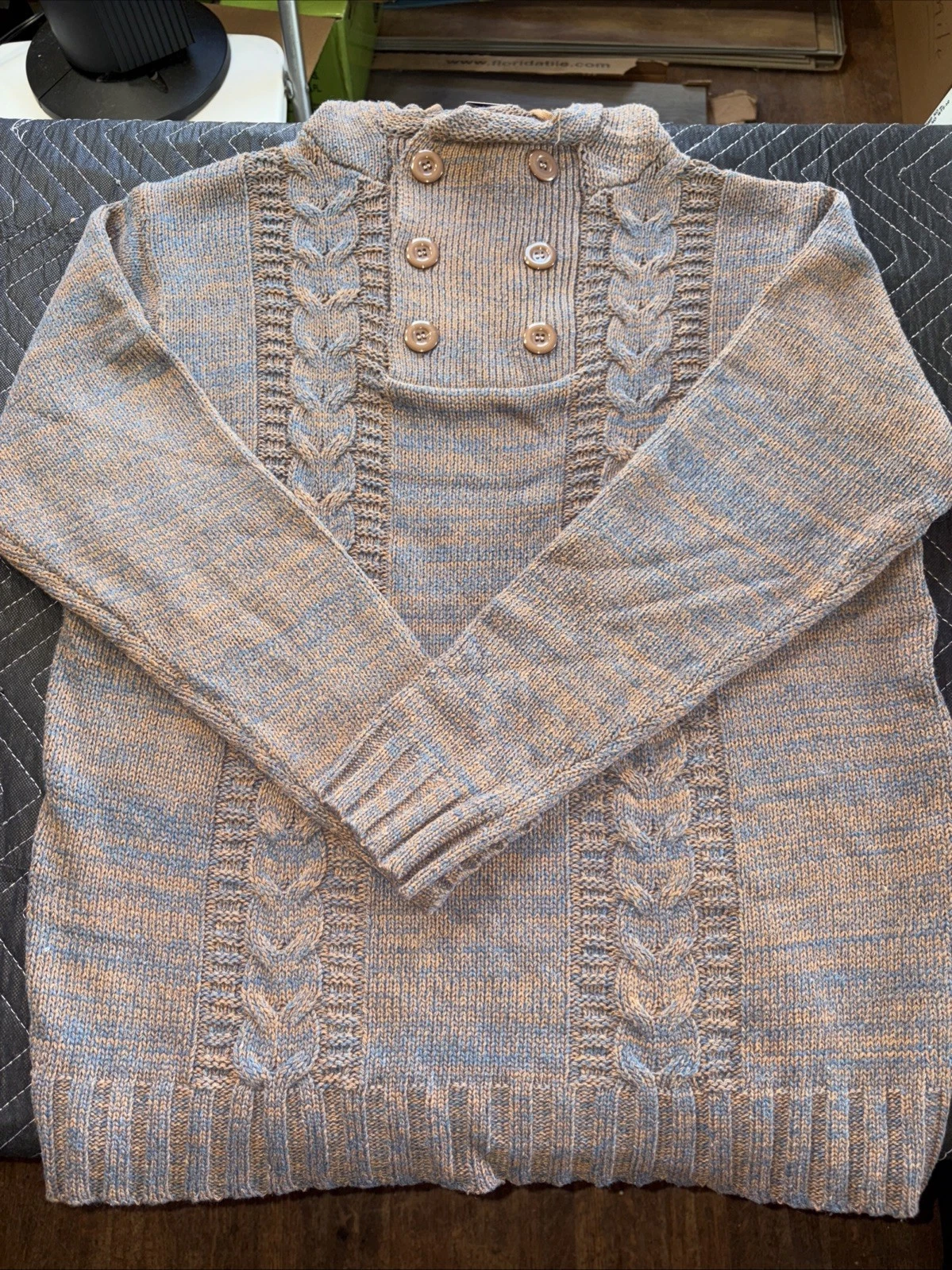 Coofandy Hoodie Men XL Brown Cable Knit High Neck Button Pullover Sweater
