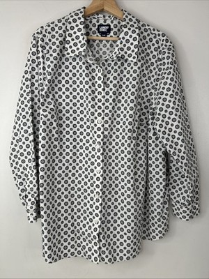 Lands End Women s 24W White Black Circle Print Button Up Long Sleeve Blouse