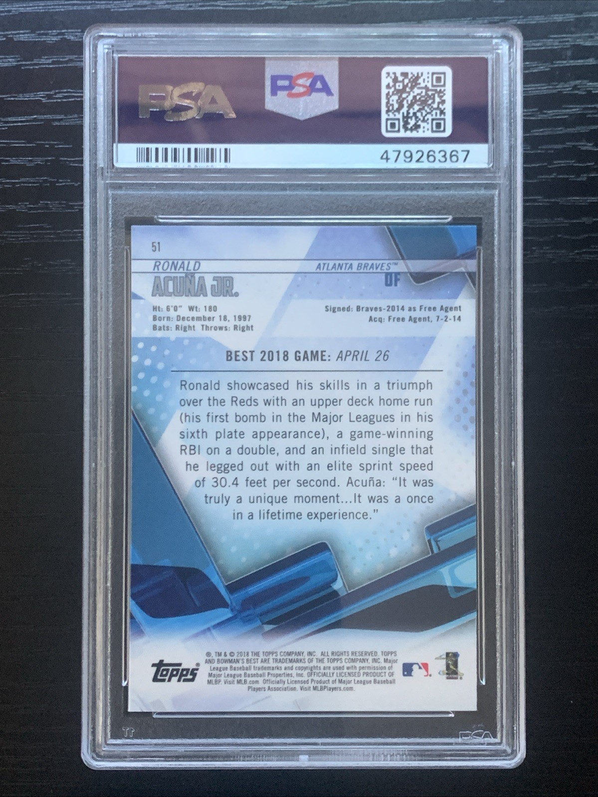 2018 Bowman's Best Ronald Acuna Jr. #51 Rookie PSA 10 Atlanta Braves view 2