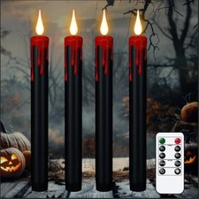 Halloween Black Flameless Taper Candles with Remote Timer, 4 Pcs Red Drip Wax LE
