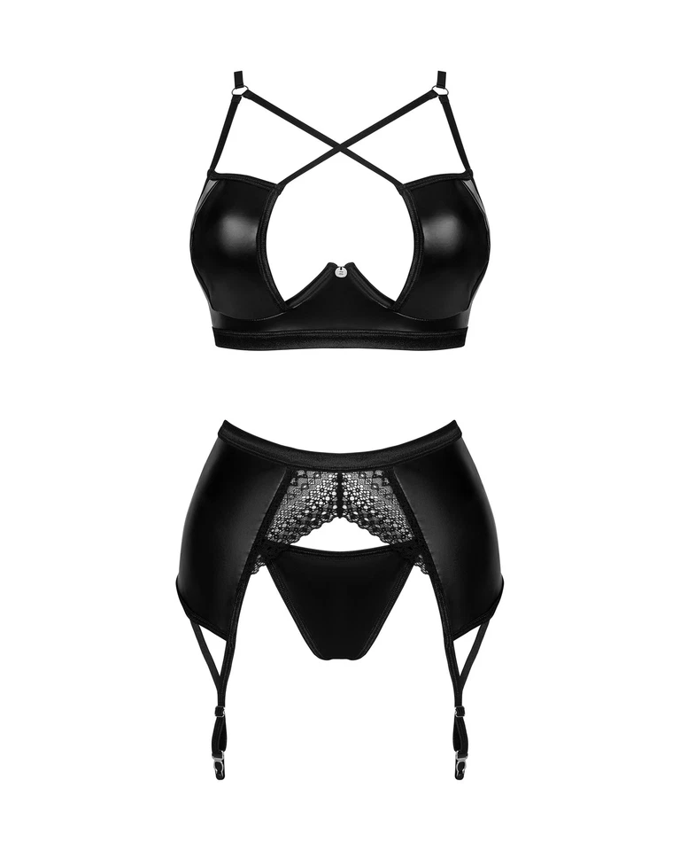 Dessous-Set Norides schwarz Kunstleder Bügel-BH Strapsgürtel String Wetlook S-XL - Bild 3 von 4