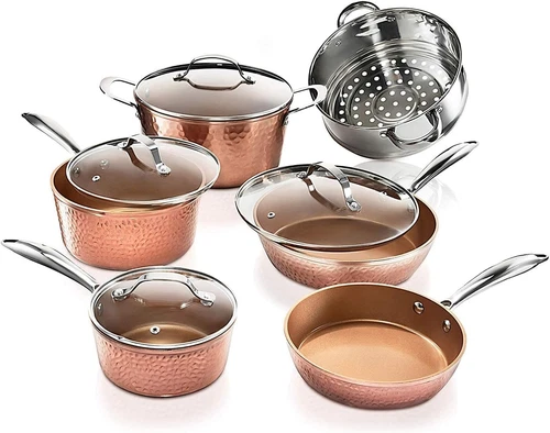 Gotham Steel Hammered Copper 10 Pc Pots and Pans Set Non Stick Cookware Set, Non