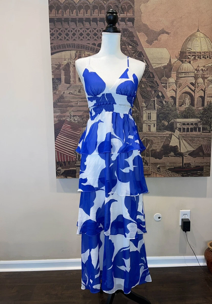 NWT Express Women s Blue Floral Print Ruffle Maxi Dress Size XXS