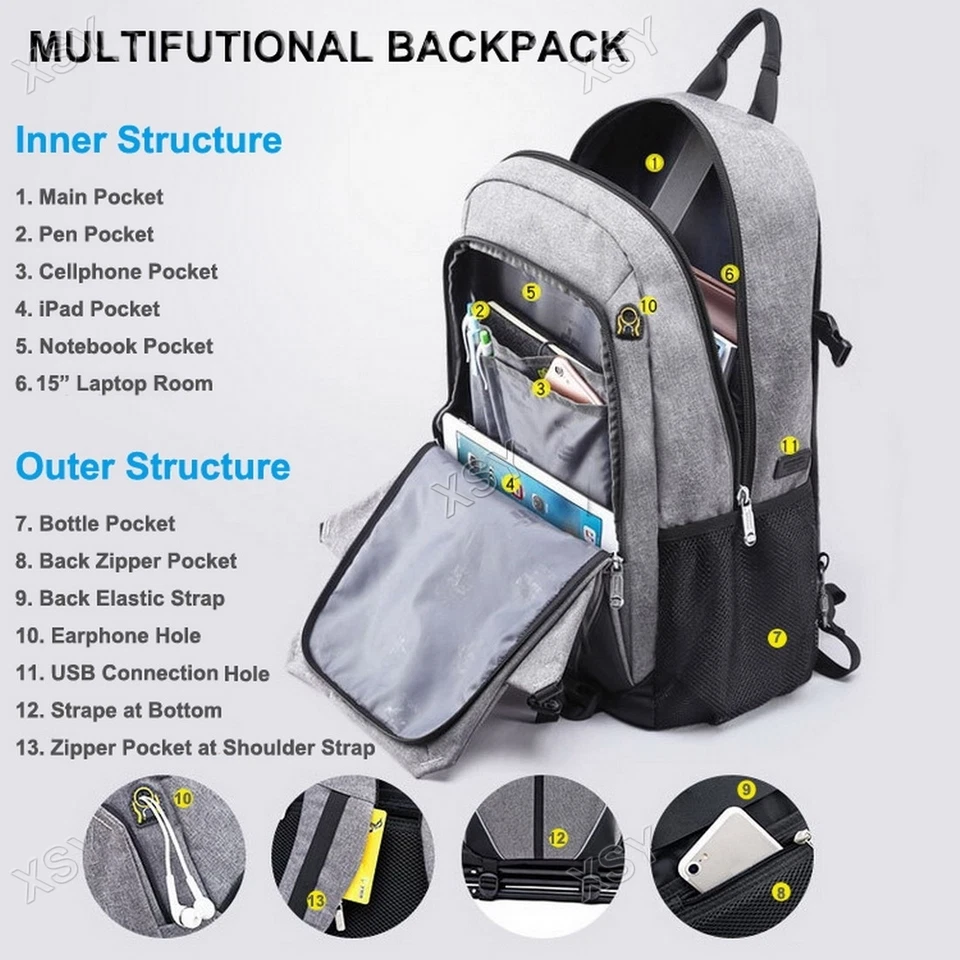 Женщин мужчин водонепроницаемый 14 «15,6» 17» сумка для ноутбука компьютер школы бизнес рюкзак - Изображение 3 из 4