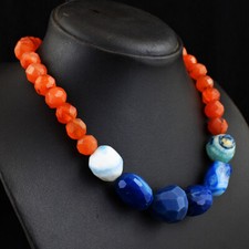 547 Cts Natural Orange Carnelian & Blue Onyx Faceted Beads Necklace JK 30E382