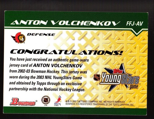 2002-03 Bowman YoungStars GAME USED JERSEY #AV Anton Volchenkov OTTAWA SENATORS - Picture 2 of 2
