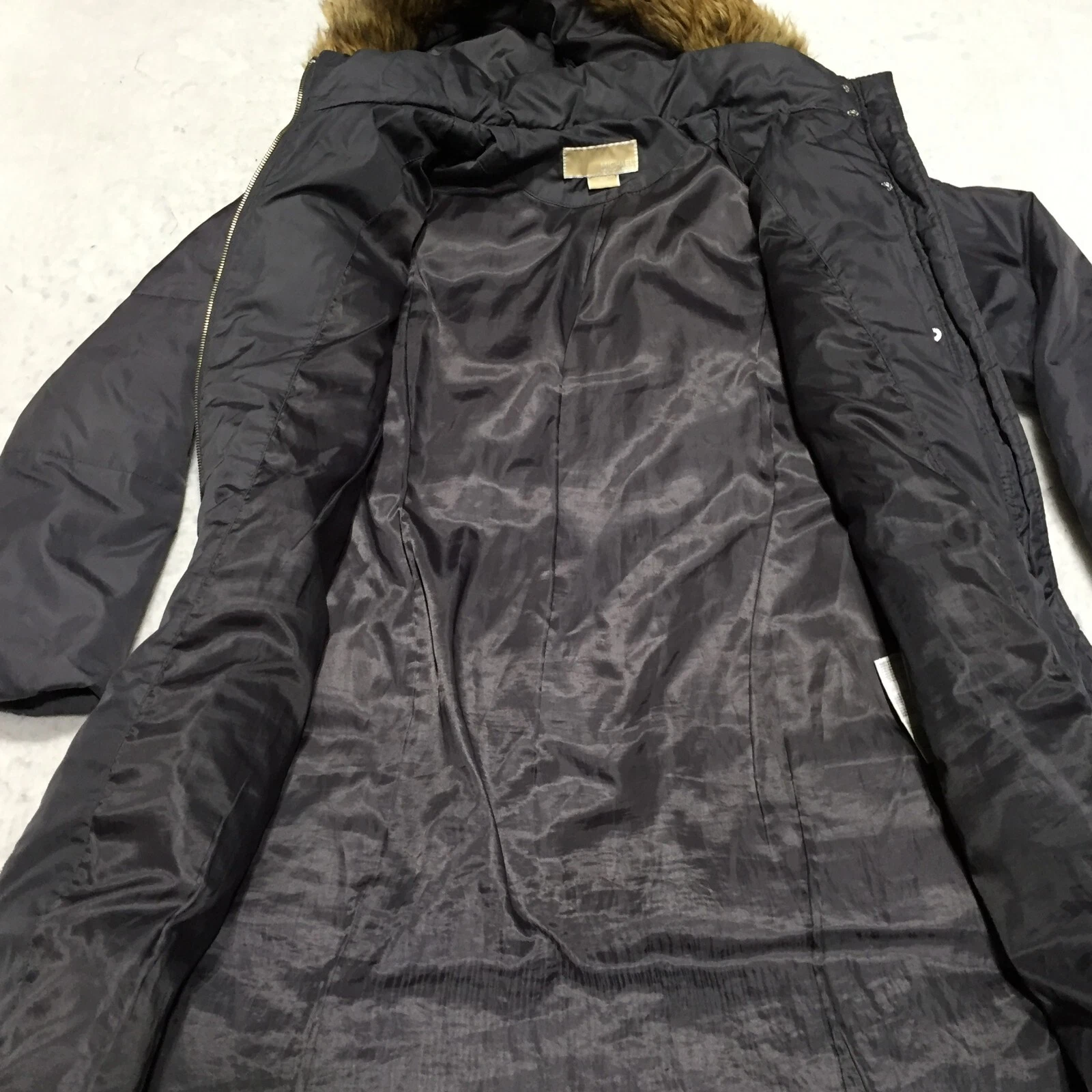 Michael Kors piumino puffer trench cappotto DIFETTOSO donna XS grigio pelliccia sintetica cappuccio zip