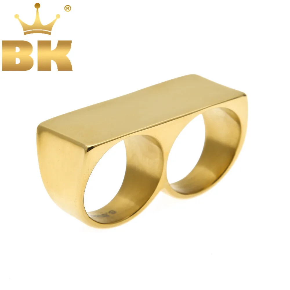 Personalidad Hip Hop Dos Dedos Anillos Acero Inoxidable Color Dorado Hombres Punk Motociclista R