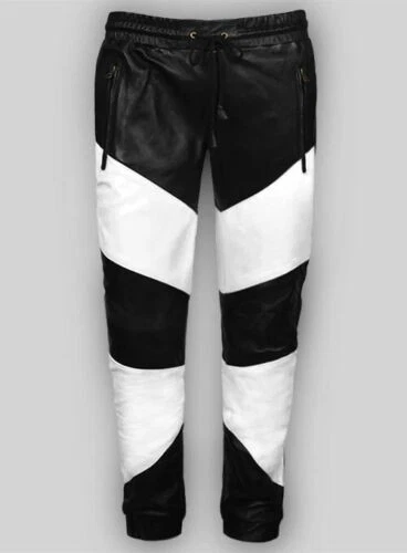 Black & White Leather Trousers For Men's Pure Handmade Elastic Leather