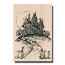 Rubber Stamp, Halloween Haunted House Scene, Building, Tree,Spooky,Moon,Fence,sm