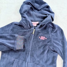 Juicy Couture Girls Navy Blue Velour Zip Up Hoodie Glitter Trim Logo Size 6