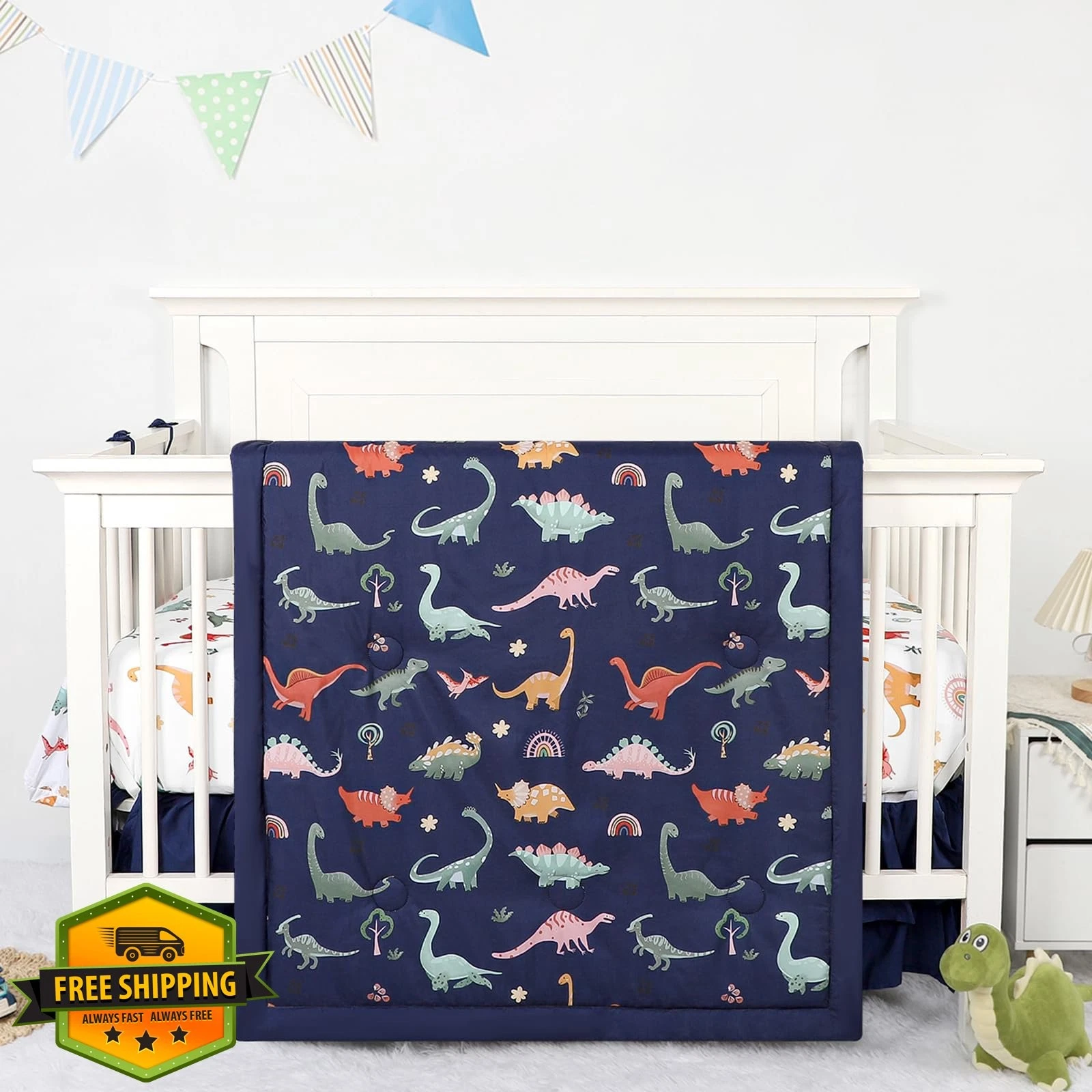 CARUILI Crib Bedding Blue Dinosaur 4pc