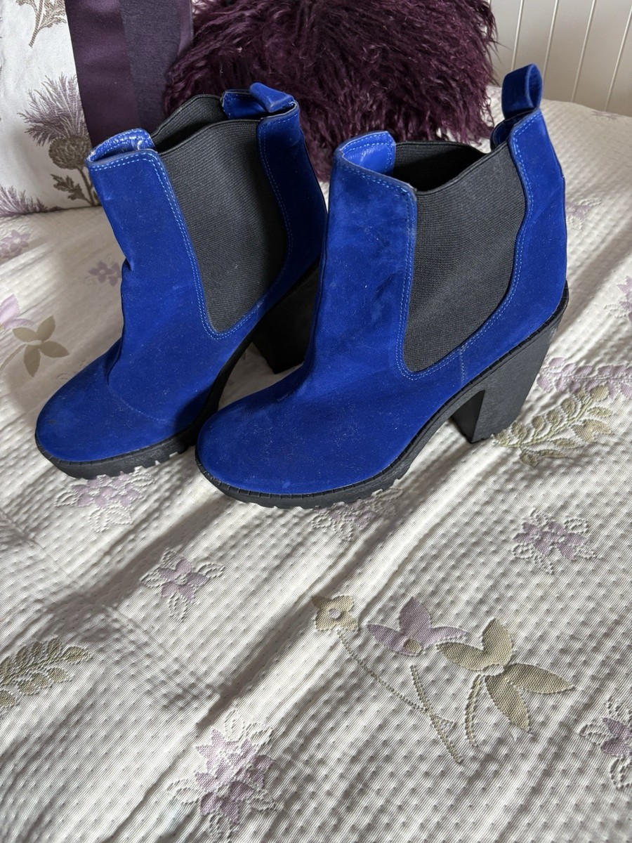 Bohoo Women's Blue Pull On Platform Chunky Heeled Faux Suede Boot