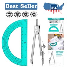 2-Piece Geometry Math Set: Stainless Steel Compass  Clear Protractor, Turquoise